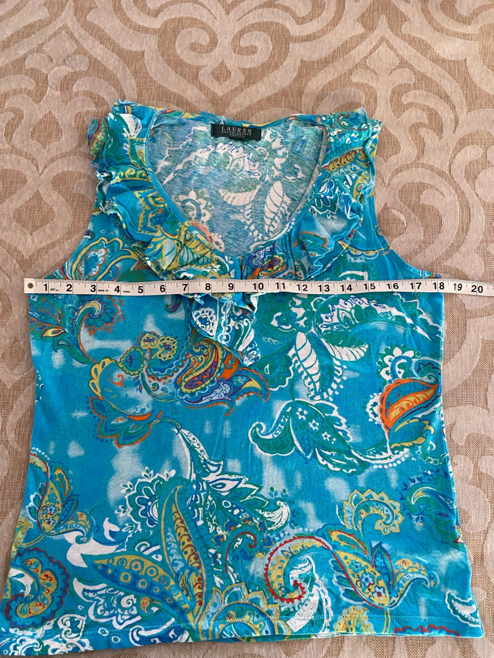 Lauren Ralph Lauren Paisley Ruffle Neck Sleeveless Blouse 100% Cotton - Picture 7 of 11
